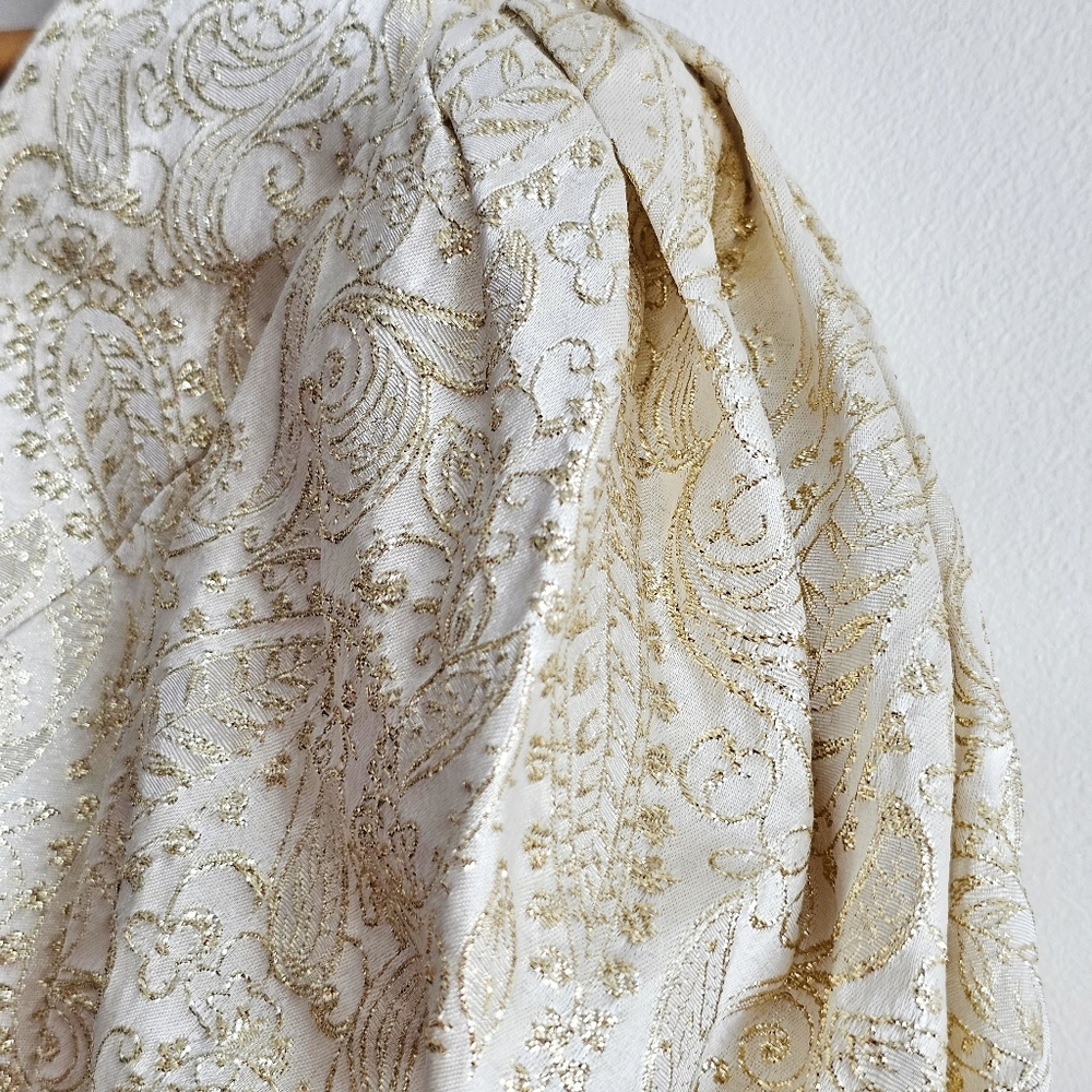 Vintage 80s Handmade Gold Brocade Cocktail Dress Puff Sleeve Statement Bow Back - Picture 6 of 16